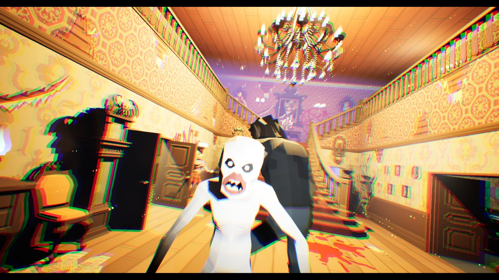 A hostile creature confronting a hunter inside the mansion