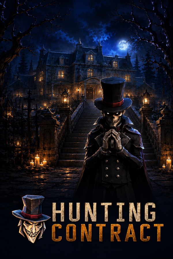 Official Hunting Contract artwork, featuring a top-hatted skeleton in front of the mansion